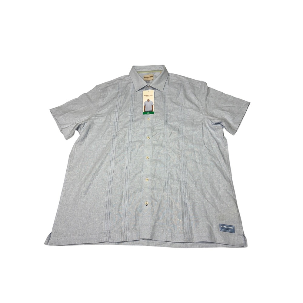 NWT Scotch & Soda Mens XL Linen Blend Short Sleeve Button Down Shirt Blue